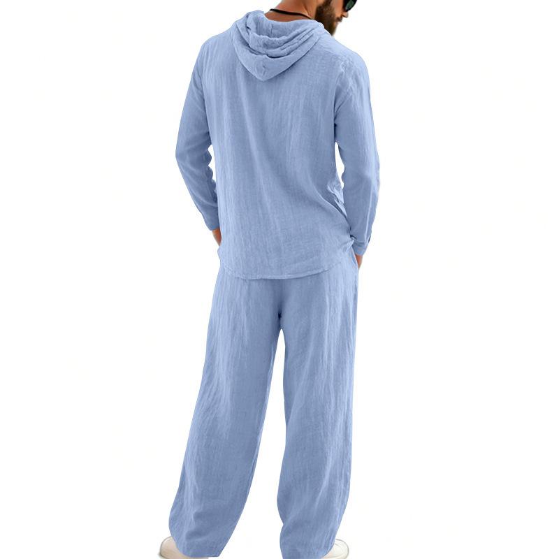 Completo casual da uomo in lino a due pezzi: camicia con cappuccio e bottoni e pantaloni a gamba dritta – perfetti per le vacanze al mare in primavera/estate