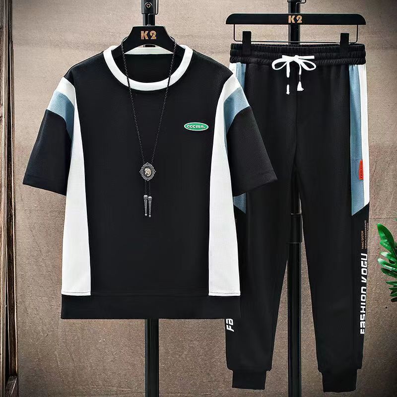 Summer Men's Youth Set Short Sleeve Long Pants Two Piece Breathable Casual Fashion Ice Cool Waffle Sportswear