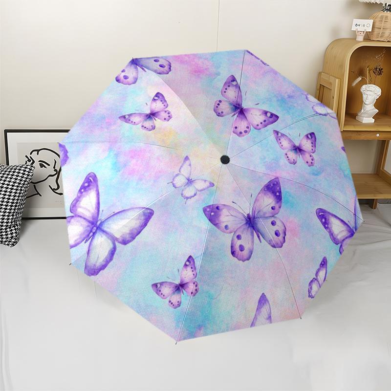 Purple Butterfly Pattern New Umbrella, 1pc Automatic Folding Travel Umbrella, Portable Foldable Design for Men and Women, Hall
