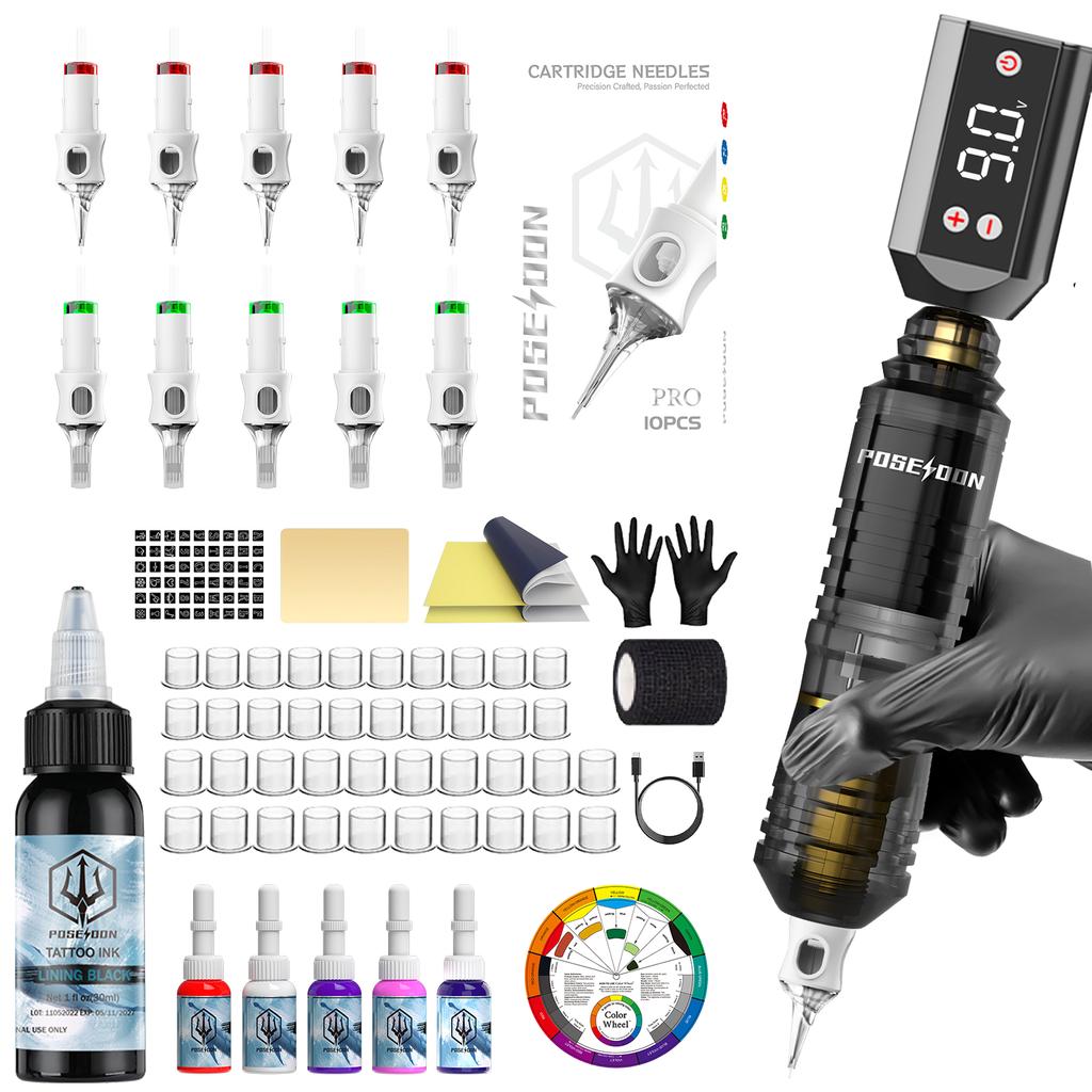 POSEIDON Tattoo-Kit V6 Tattoo-Nadeln Tattoo-Stift-Kit Für Permanent-Make-up Tattoo-Maschinen-Kit Heißes Kabelloses Tattoo-Netzteil