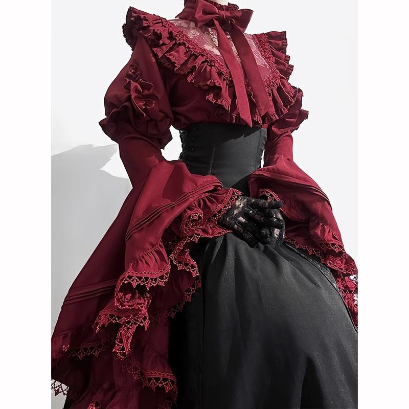 Vintage Blondeblonder Patchwork Langermet Lolita Skjorter Kvinner Høy Midje Medium Lengde Løse Skjørt Vår Høst