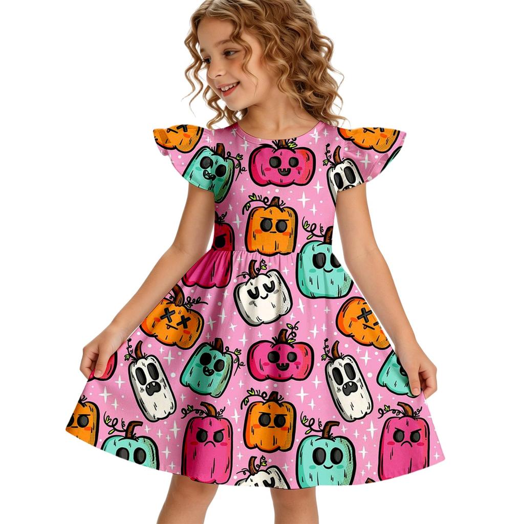 Girls Halloween Casual Dress Round Neck Ruffle Sleeve A-Line Dress Soft Comfortable Fabric Suitable for Daily Wear and Parties
