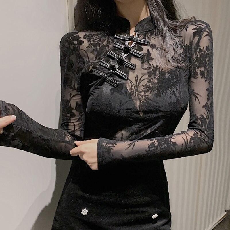 Bluze negre elegante cu mânecă lungă, subțire în stil chinezesc Topuri sexy pentru femei, cămașă de femeie din dantelă cu transparentă vintage 11350