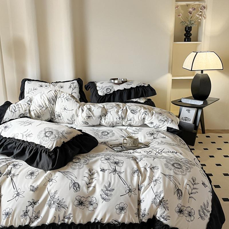 Black Lace Princess Wind French Washed Cotton Four-piece Quilt Cover Quilt Cover Sheet