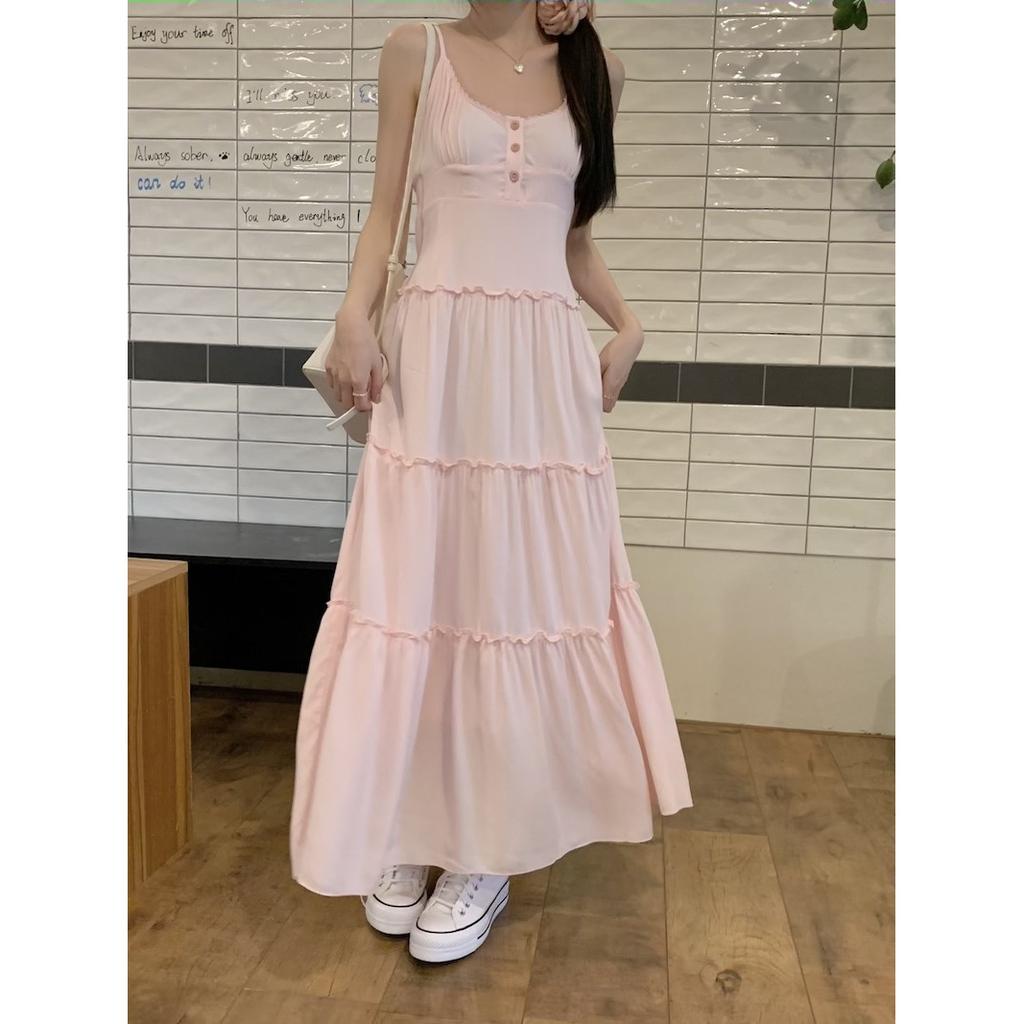 2026 Summer Pink Suspender Skirt Women's Spring Summer Seaside White Dress Sweet Cake Long Dress Waist Skirt