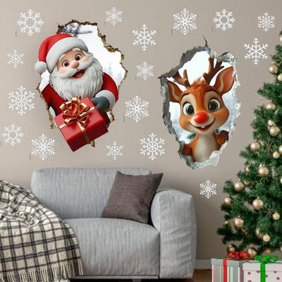 Adhesivo de Pared Navideño Realista Autoadhesivo de Papá Noel Calcomanía de Pared Efecto Visual 3D Adhesivo de Dibujos Animados de Alce para Paredes Decoración de Hogar Sala de Estar Sala de Juegos
