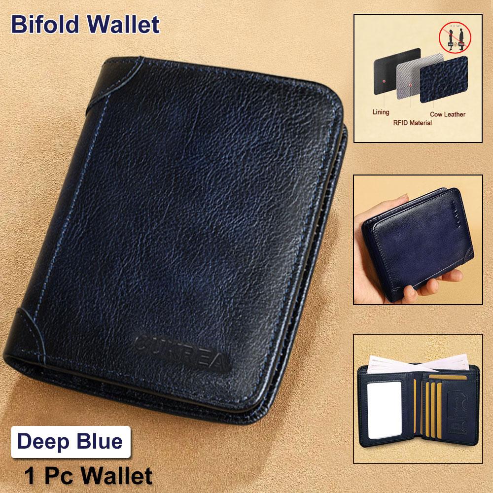 

Мужской винтажный кошелек из коровьей кожи, защита RFID, короткий многофункциональный держатель для ID-карт и кредитных карт, верхний слой коровьей кожи, кошелек для денег, 2 окошка для ID-карт Bi-fold темно-синий