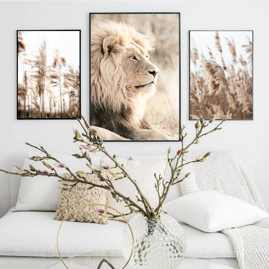 Peisaj de pajiști bej Leu Zebră Păsări Animale Artă de perete Pictură pe pânză Postere și imprimeuri nordice Decor interior pentru cameră de zi