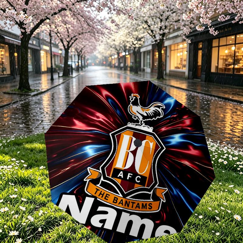 Custom Name Personalized Bradford City AFC Print Umbrella, Auto Open Close, 8‑Rib Sturdy Frame, Commute Camping Hiking Use, Birthday Gift