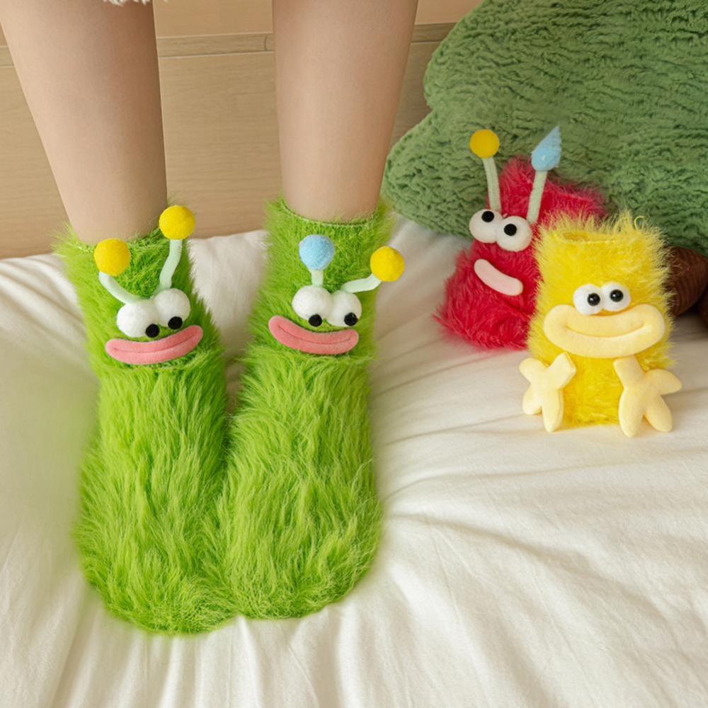 

2Pairs Plush Floor Stockings Women Big Eyes Furry Plush Sock Cute Coral Fleece Socks Gifts Style A White Purple