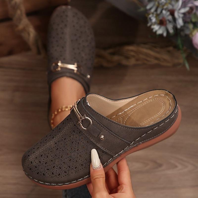 Fashionable Half-slipper Women's Thick-soled Wedge Heel Breathable Hollowed-out Large-head Retro Shoes