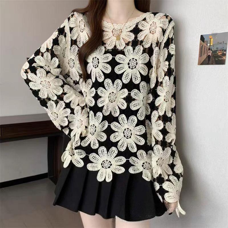 Bohemian Crochet Hollow Knit Sweater for Women Loose Color-Block Long-Sleeve Knit Pullover Top