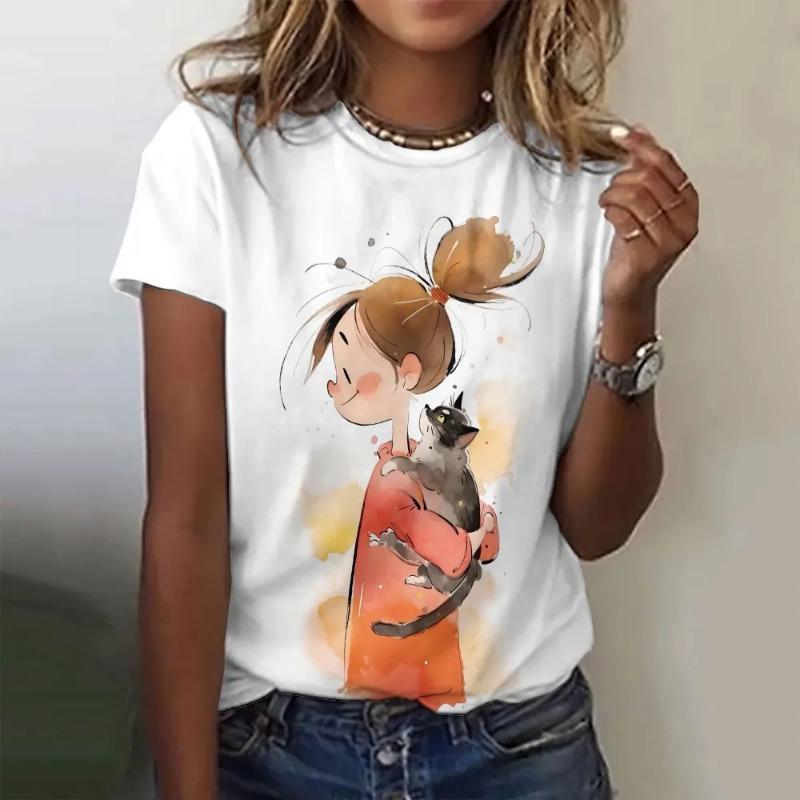 Summer Women's T Shirt Anime Girl Pattern Print Casual Short Sleeve Pullover Fashion Streetwear Cute Girl Tee Female Clothing