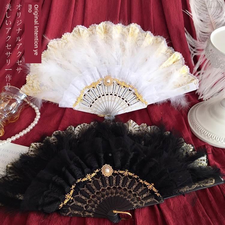 Japanese-Style Lolita Retro Black and White Lace Lolita Embossed Floral Folding Fan Tea Party Feather Fan