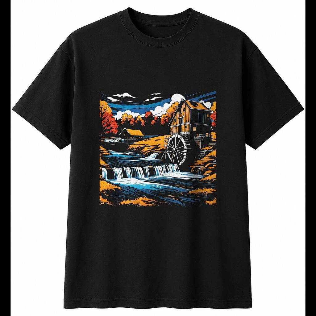 Detailed Water Mill Torn Retro Mens T-Shirt Black 100% Cotton Classic Printed