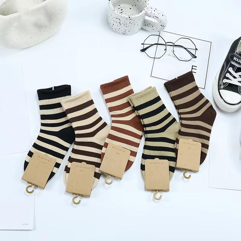 5 Pairs Striped Color - Block Kids  Mid - Calf Stretch Socks, Thickened for Autumn & Winter, Warm & Comfortable Athletic Socks