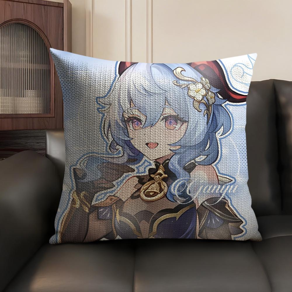 Cute Ganyu Genshin Impact Cushion Cover Natural Linen Organic Fabric DoubleSided Printing Sofa Home Decor Gift Pillow Case