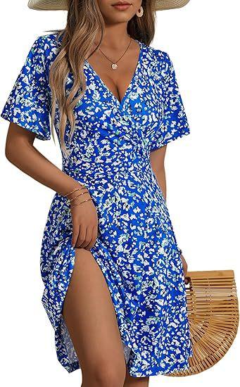 Summer Floral Short Sleeve Wrap V-Neck A Line Midi Dress