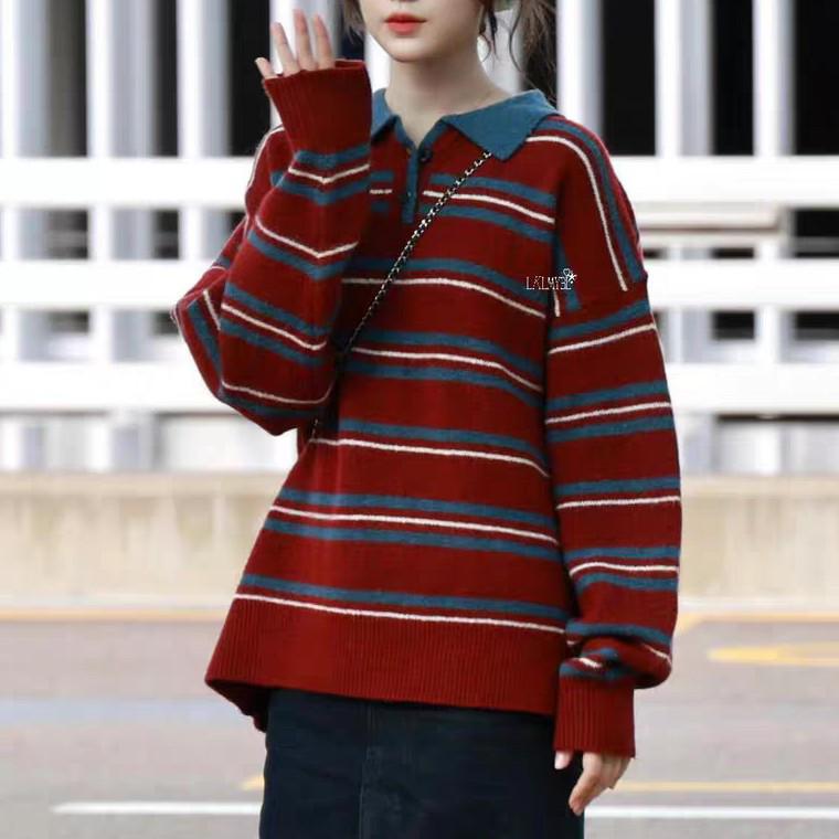 Ye Shuhua College Style Striped Lapel Knitwear Top for Women - Autumn Winter Thick Loose Fit.