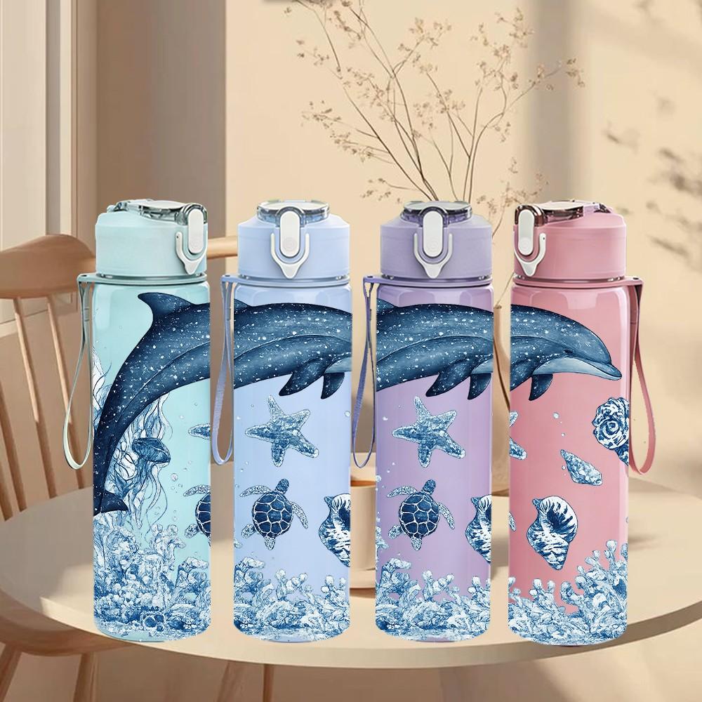 1PC Dolphin Seastar Ocean Wave Print 750ml Color Plastic Sports Water Bottle Leakproof Flip Straw Lid Suitable for Sports Office Home Use