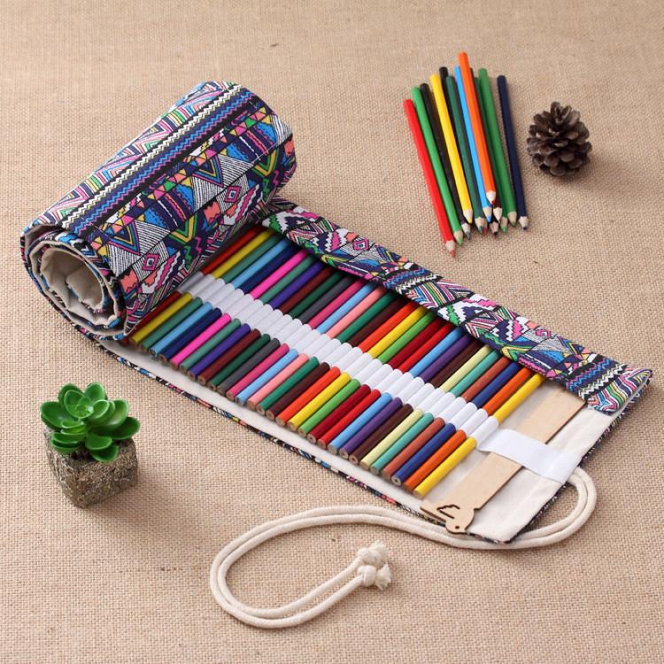 Colored Style Ethnic Geometric Pattern Pencil Canvas Storage Bag Students For
