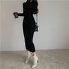 Vintage strikket genser Langermet kjoler Dame Slank Bodycon Koreansk Elegant Høst Vinter Knapp V-hals Genser Midi Kvinne Kjole