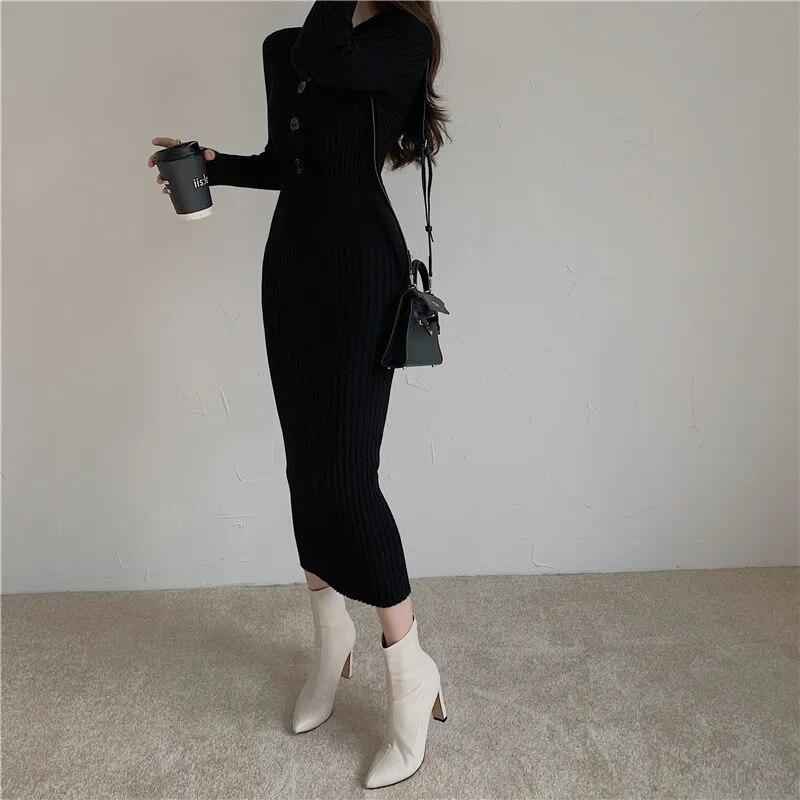 Vintage strikket genser Langermet kjoler Dame Slank Bodycon Koreansk Elegant Høst Vinter Knapp V-hals Genser Midi Kvinne Kjole