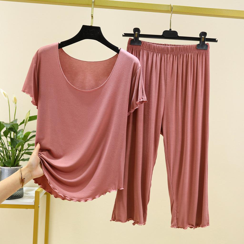 Modă Femei Culoare Solidă Pijamale de Casă Mânecă Scurtă Pantaloni Șapte Set Margine Ureche Lemn