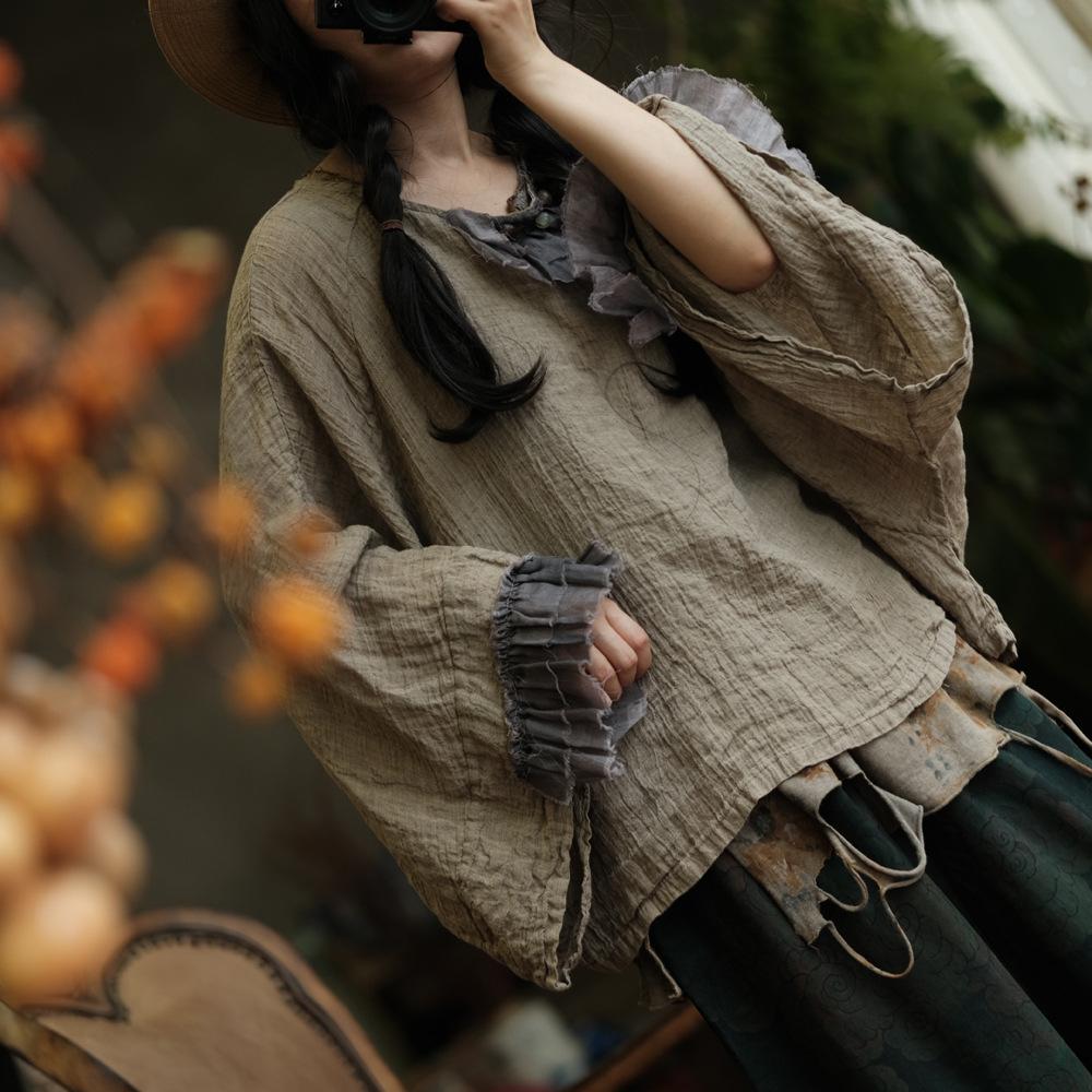 Johnature Vintage Women Patchwork T-Shirts O-Neck Long Sleeve Autumn Loose Chinese Style Female T-Shirts