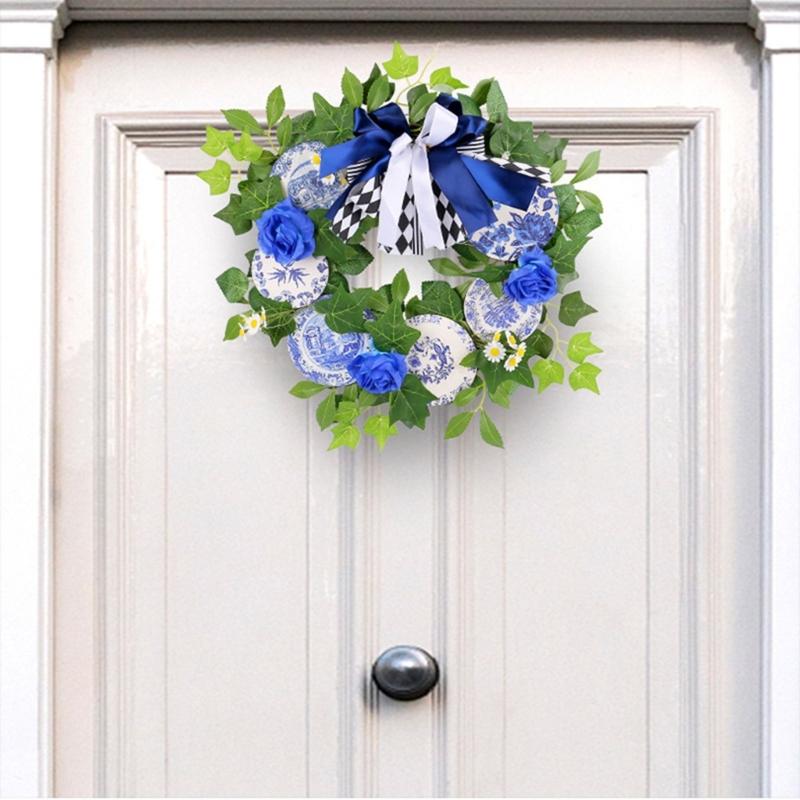 Wooden Plaques Blue and White Porcelain Pattern Wreath Outdoor Courtyard Party Decorations Garlands for Wall Door Window