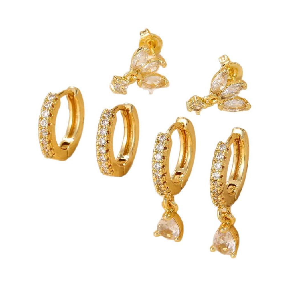 European & American Gold-Plated Brass Zircon Water Drop Pendant Earring Set for Women