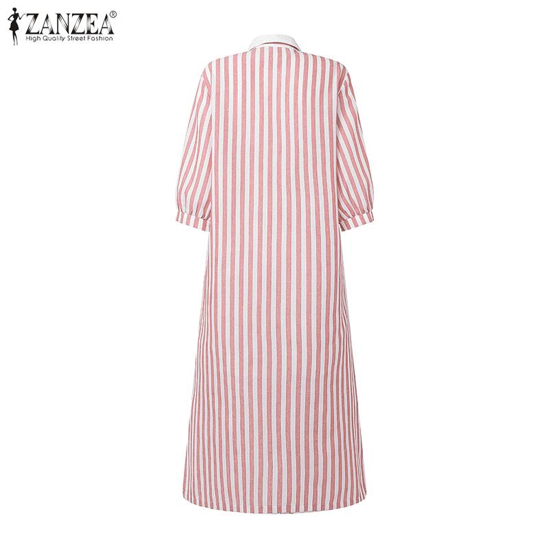 ZANZEA Women Casual Turn Down Collar Loose 3/4 Sleeve Stripe Dress