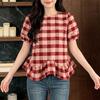 Women Grid Print Casual Round Neck Ruffles Hem Short Sleeve Blouse