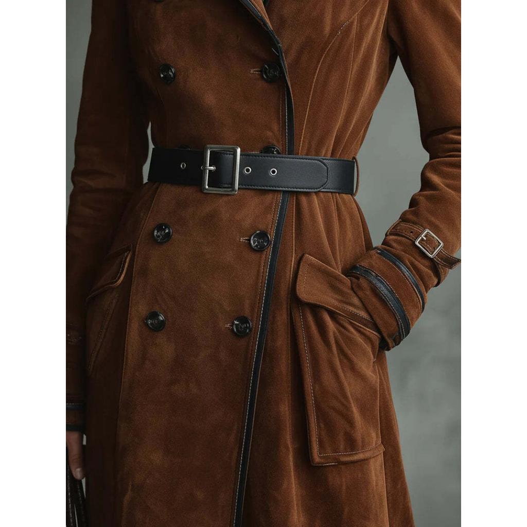 Western Style Faux Suede Long Trench Coat, Lapel Collar Autumn Winter Women's Outerwear for European American