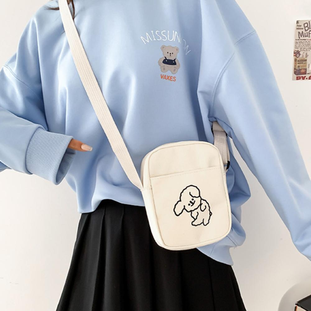 Casual Canvas Cute Tote Bag Solid Color Lovely Print Shoulder Bag Adjustable Shoulder Strap Messenger Bag