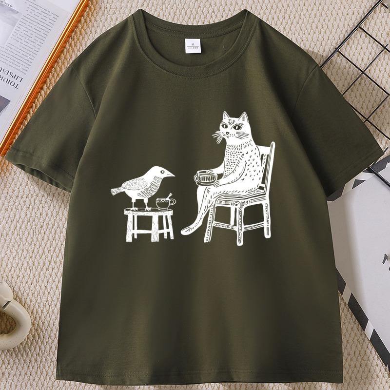 Coffee and Tea with Friends Graphic TShirt Unisex Women Funny Hipster Animal Drawing T Shirt Unique Cat Bird Tshirts Streetwear
