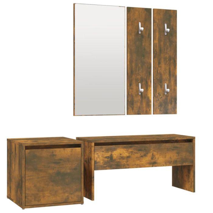 VidaXL Hallway Furniture Set Entry Bench Mirror Coat Rack Panel Cloakroom Set Smoked Oak Wood 3120194