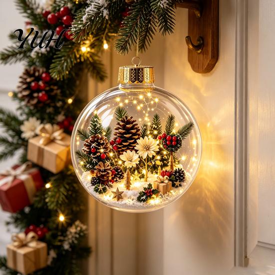 Romantic Christmas Atmosphere Lights Glowing Story Ornament, Mini Holiday Scene In Clear Ball with Lighted Ornaments LED Light, Acrylic Hanging