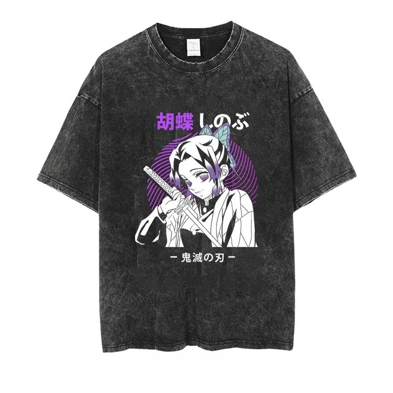 Men's T-shirt Anime Demon Slayer Printed Washed Vintage Loose Fit Women's Short-sleeved Tee Oversized Gym Y2k Clothes Top Summer