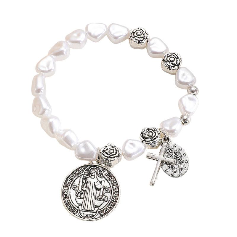 

Jesus Christian Cross Braclets Flower Charm Wristband for Women Oval Shape Madonna Medal Charm Pearl Bracelet Hand Jewlery Gift