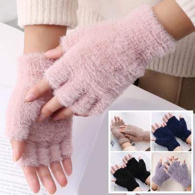 Solid Color Imitation Mink Half Finger Gloves Fluffy Plush Fingerless Gloves Stretchy Arm Warmers Autumn Winter Warm Mitten