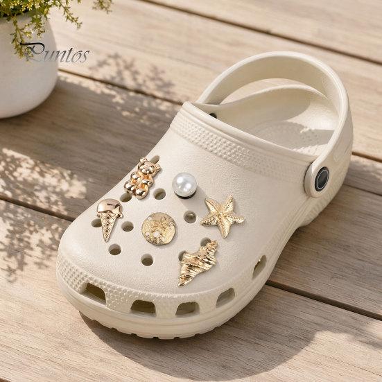 Metal Shoe Charms 6Pcs/Set Gold-Tone Charms, Summer Ice Cream Shell Starfish Faux Pearl for Clogs Women Girls Beach Footwear Decor Scratch-resistant