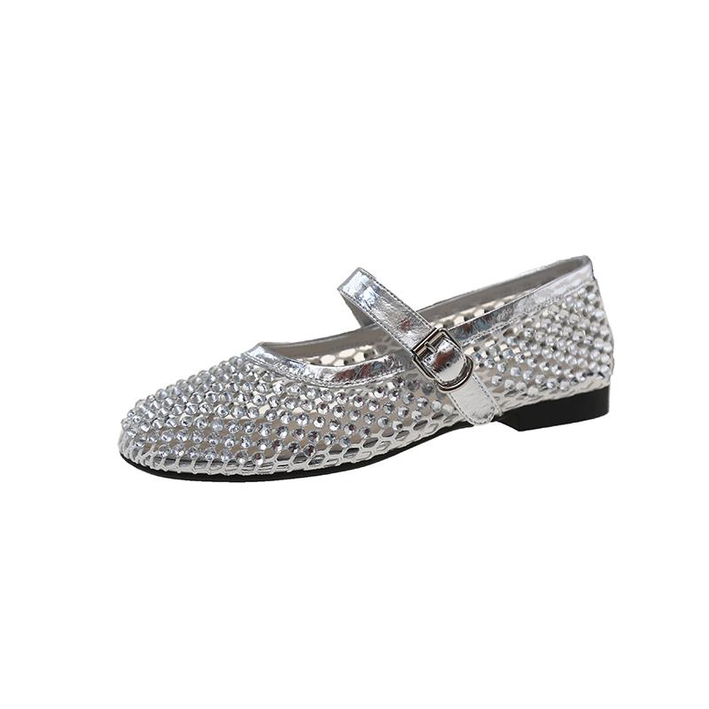 Fashion Luxury Crystal Rhinestone Fishnet Ballet Flats Woman Brand Design Rivet Mesh Mary Jane Shoes Ladies Summer Loafers Plus Size 40