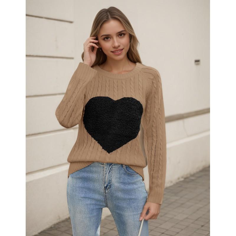 Womens Winter Knit Sweater With Velvet Heart Embroidery Round Neck Pullover Casual Elegant Office Wear