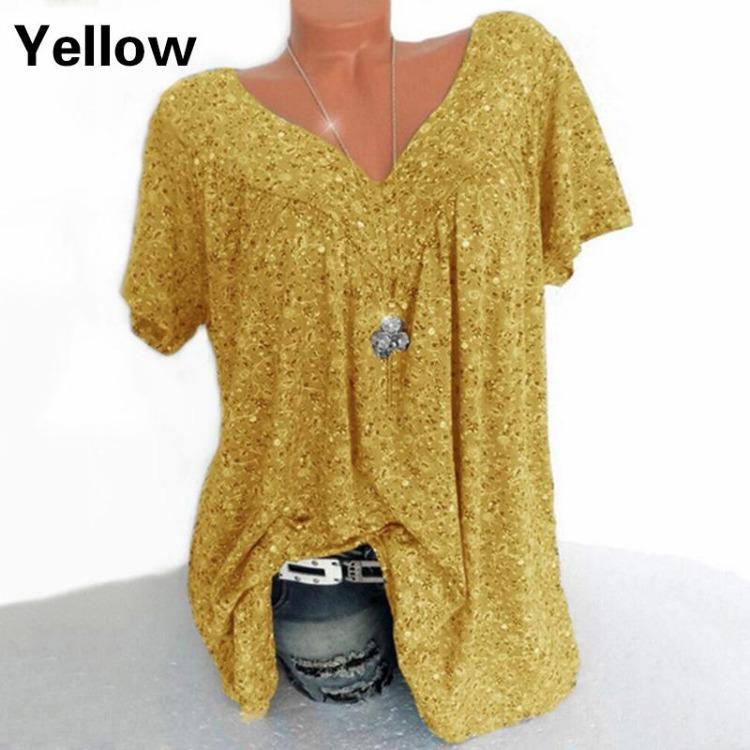 Plus Size Women Summer Casual Loose V Neck Printed Short Sleeve T Shirt Top