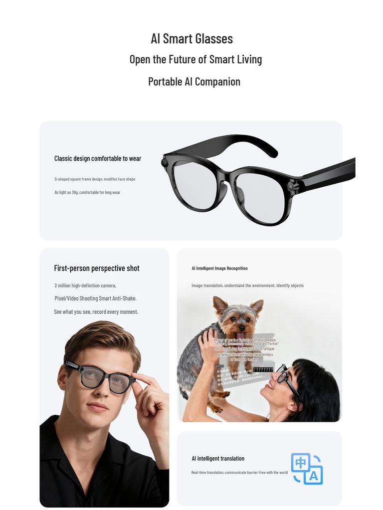 M89 Bluetooth Smart Glasses with 200W HD Camera, Image Recognition, Object Identification, and AI Translation.