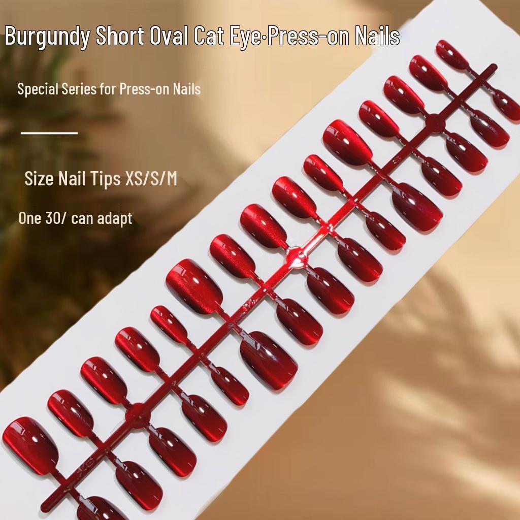 Burgundy Cat Eye Oval False Nails: Short, Wearable, Noble Cherry Finish