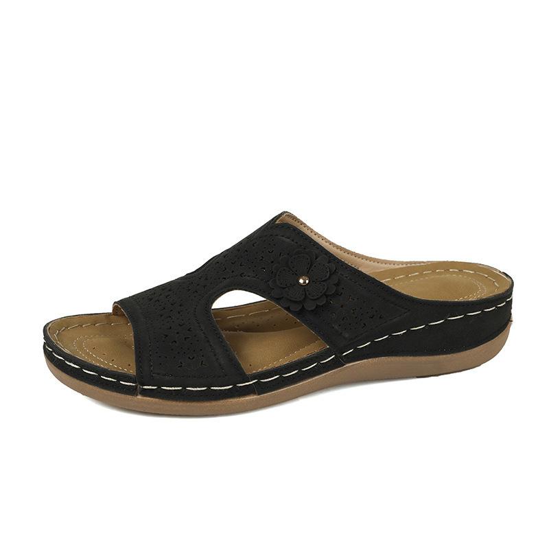 2025 Summer New European and American Flower Sewing Thread Solid Color Light Mouth Round Head Casual Fashion Women's Shoes Slope Heel Cool Slippers