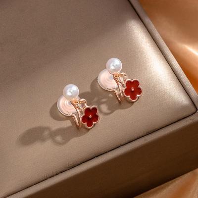 2023 Nouvelles Fleurs Rouges Perle d'Imitation Sans Perçage Clip d'Oreille Moustiquaire Boucles d'Oreilles Pendantes Mignonnes Femmes