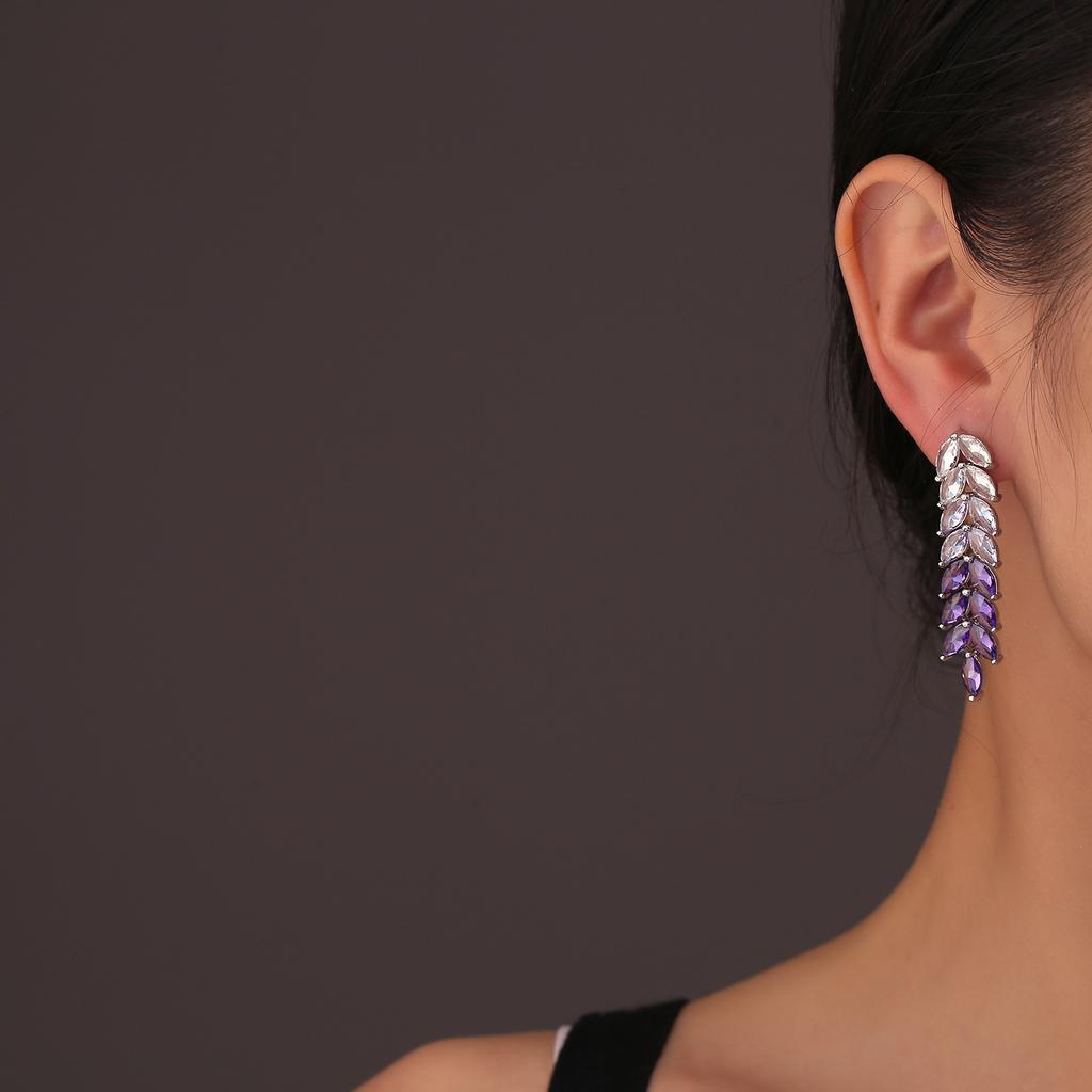 New Tassel Wheat Ear Earrings Purple Diamond Leaf Earrings Fashionable Exaggerated High-end Stud Earrings Ear Jewelry